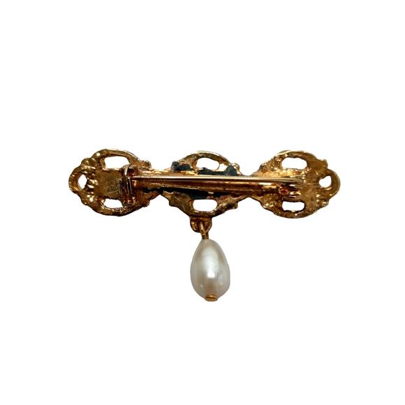 Vintage Cabochon Bar Pin Brooch Faux Pearl Drop Gold Tone VTG - Picture 2 of 16